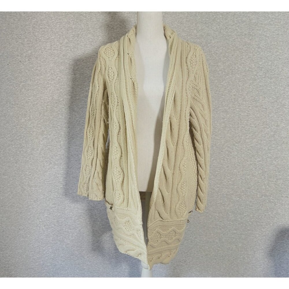 NUDE Cardigan Sweater Womens Large Beige Wool Blend Open Cozy Italy Cable Knit